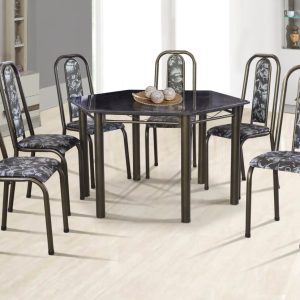 Conjunto Mesa Sextavada Ardósia 840069 com 06 cadeiras Ouro Velho/Floral Preto
